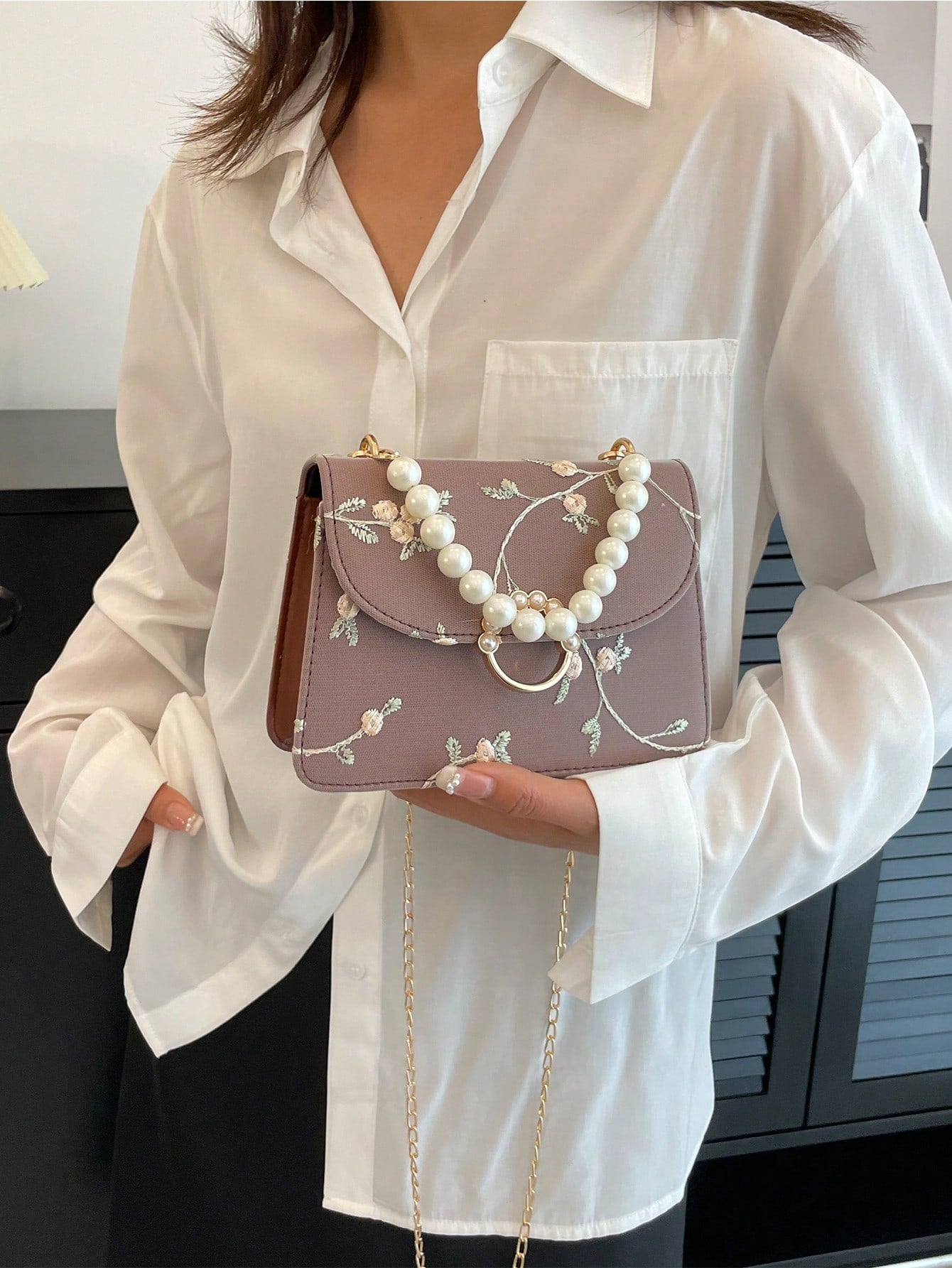 Mini Square Bag Flower Embroidery Faux Pearl Decor Fashionable
