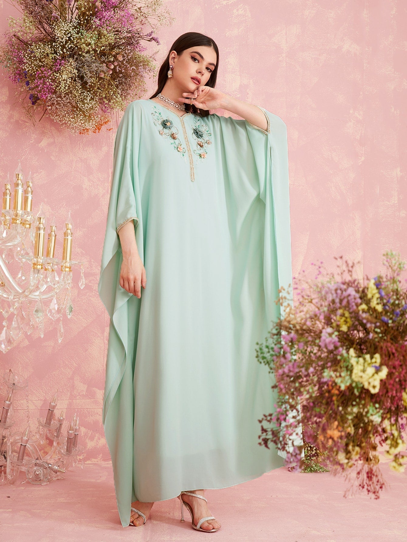 SHEIN Najma Keyhole Back Lace Floral Embroidery Pearls Beaded Tape Kaftan