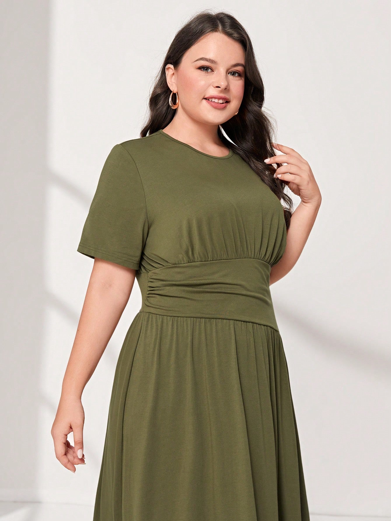 SHEIN Mulvari plus Cotton Solid Ruched Waist Dress