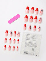 24Pcs/Set Long Stiletto Shaped Valentine'S Day Sweet Red French Style Text Nail Art Tips with 1Pc Nail Buffers and 1Pc Jelly Glue