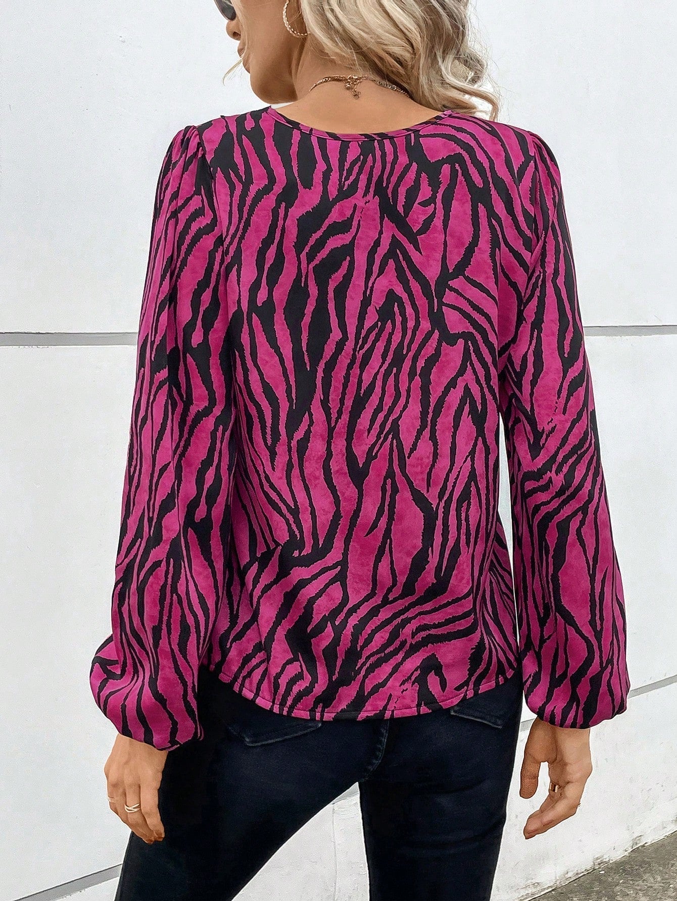 SHEIN VCAY Zebra Striped Guipure Lace Trim Lantern Sleeve Blouse