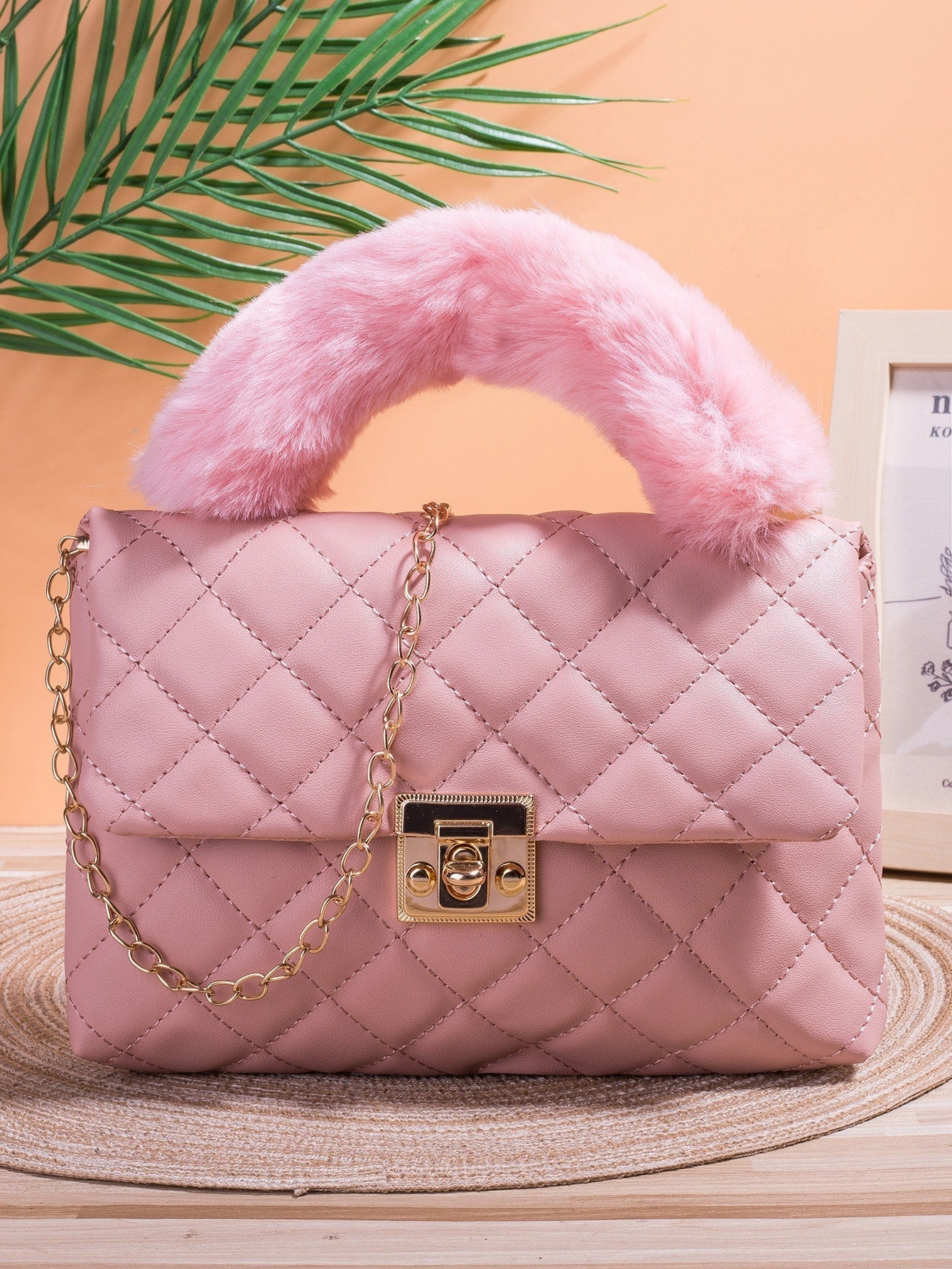 Pink Fur Shoulder Bag Lightweight,Business Casual Quilted Turn-Lock Flap Chain Square Bag for Teen Girls Women College Students,Rookies & White-Collar Workers Perfect for Office,College,Work ,Business,Commute