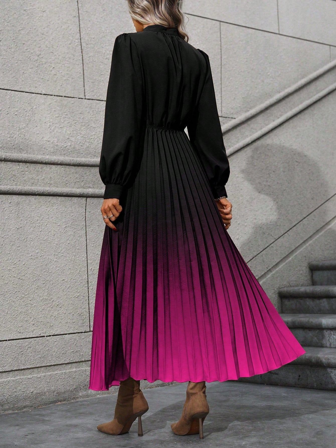 Ombre Bishop Sleeve Pleated Hem Dress without Belt