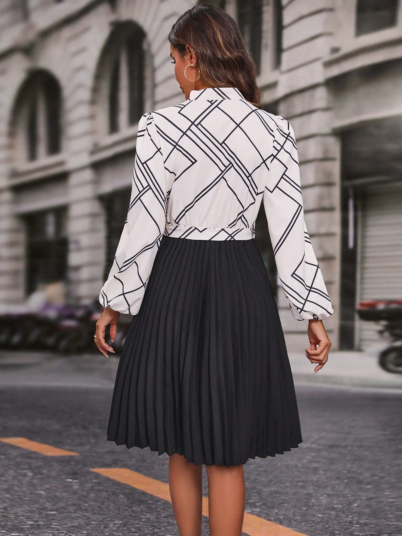 SHEIN LUNE Geo Print Lantern Sleeve Pleated Hem Belted Dress