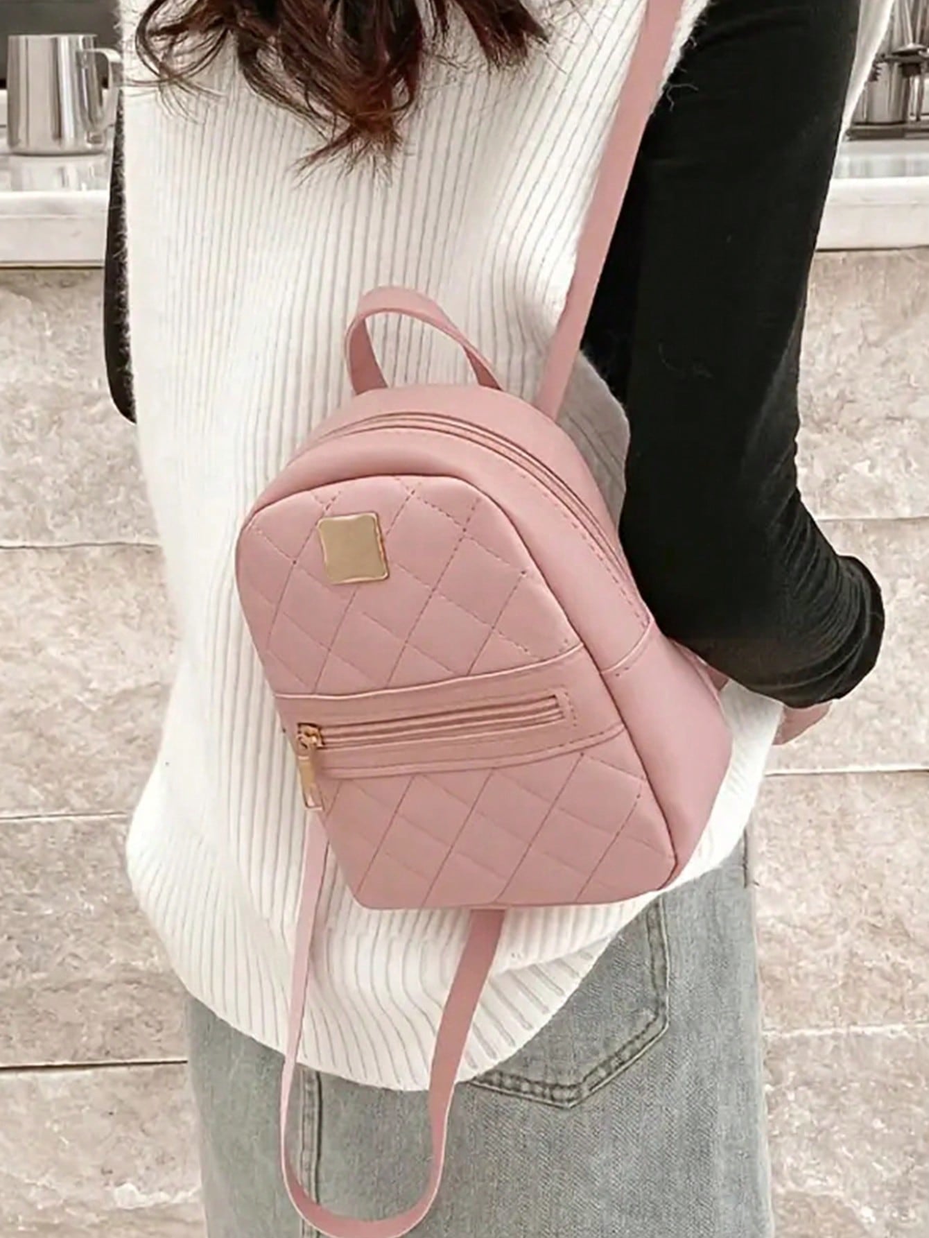 Quilted Classic Backpack Baby Pink Metal Decor Adjustable Strap for Daily