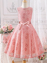 SHEIN Kids CHARMNG Girls 1Pc Belted Lace Dress