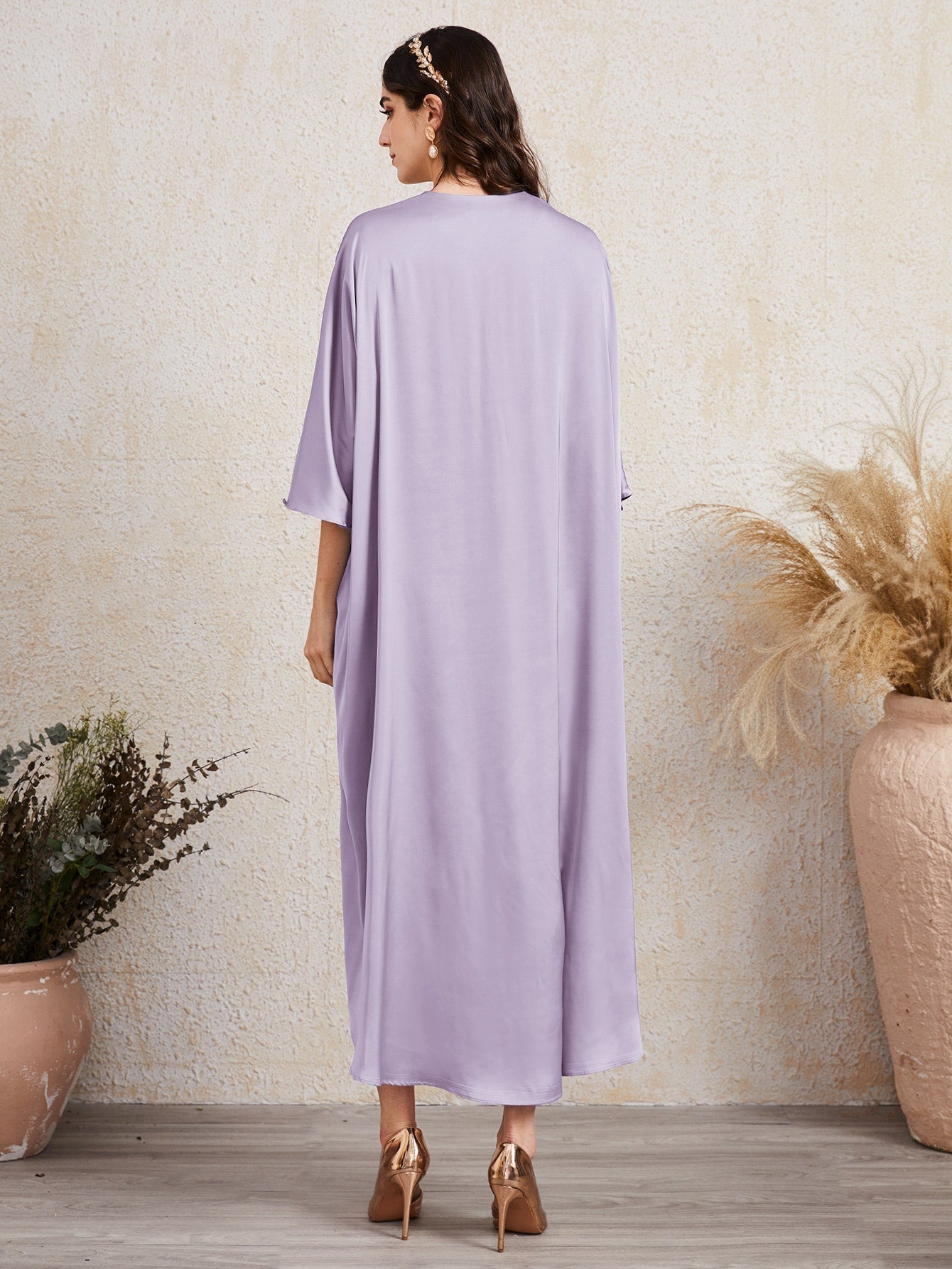 SHEIN Najma Batwing Sleeve Pearl Tape Front Satin Dress