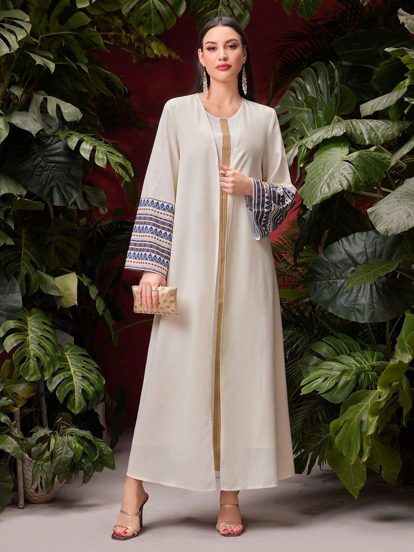 SHEIN Najma Women'S Arabian Abaya with Geometric Pattern and Gold Tape