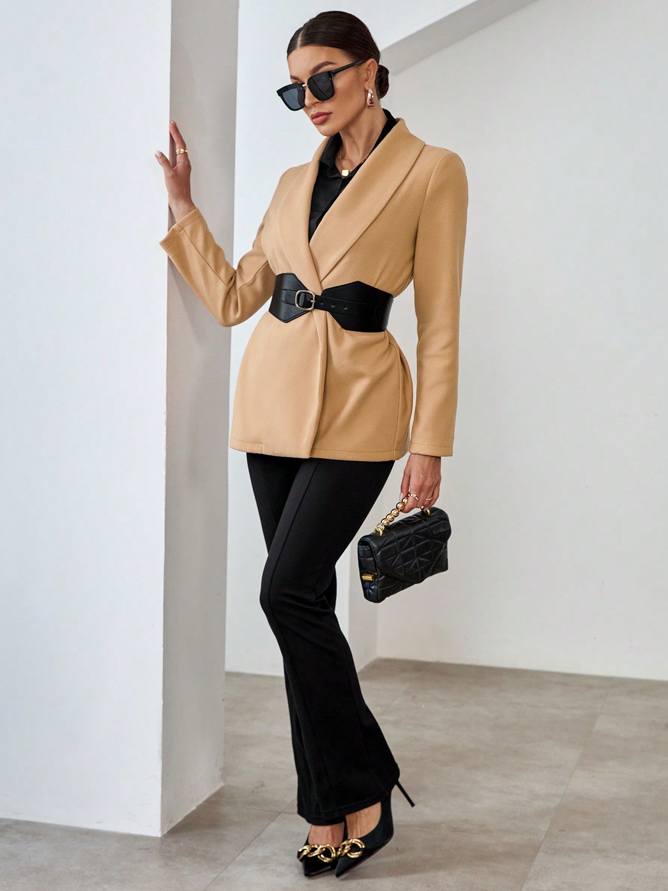 SHEIN Privé Shawl Collar Open Front Belted Overcoat