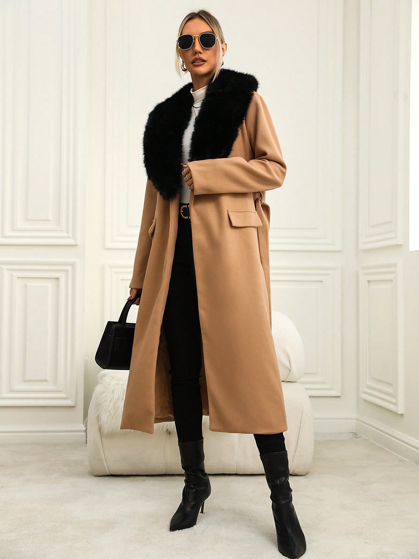 SHEIN Privé Fuzzy Collar Flap Detail Belted Overcoat