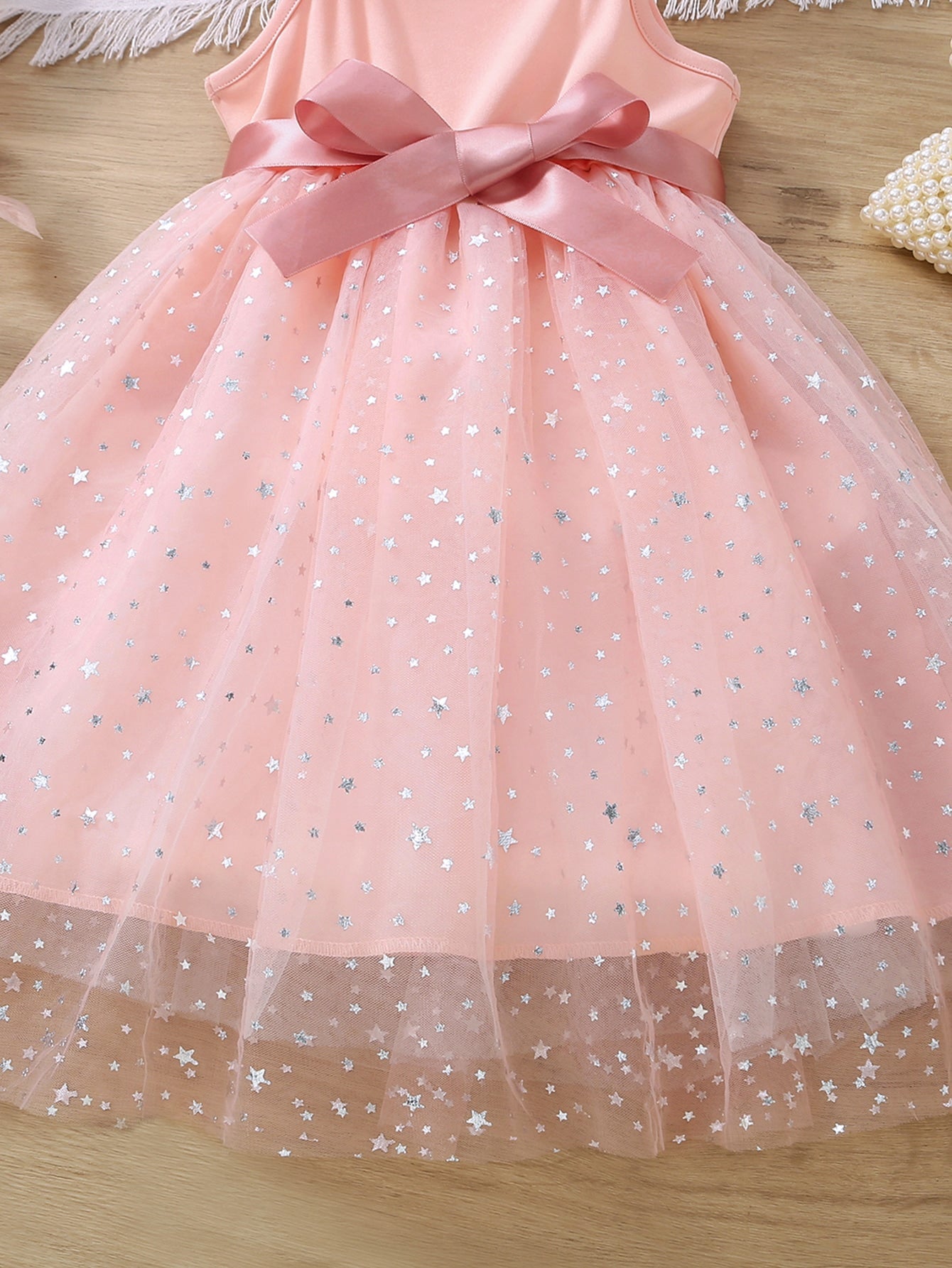 SHEIN Kids CHARMNG Young Girl Star Print Mesh Overlay Belted Cami Dress