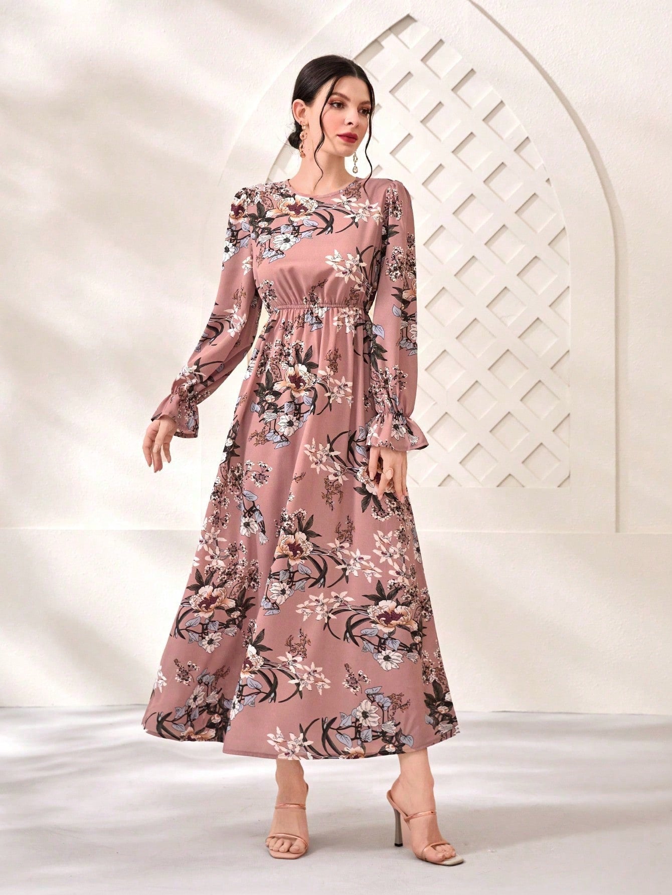 SHEIN Modely Floral Print Flare Sleeve Dress