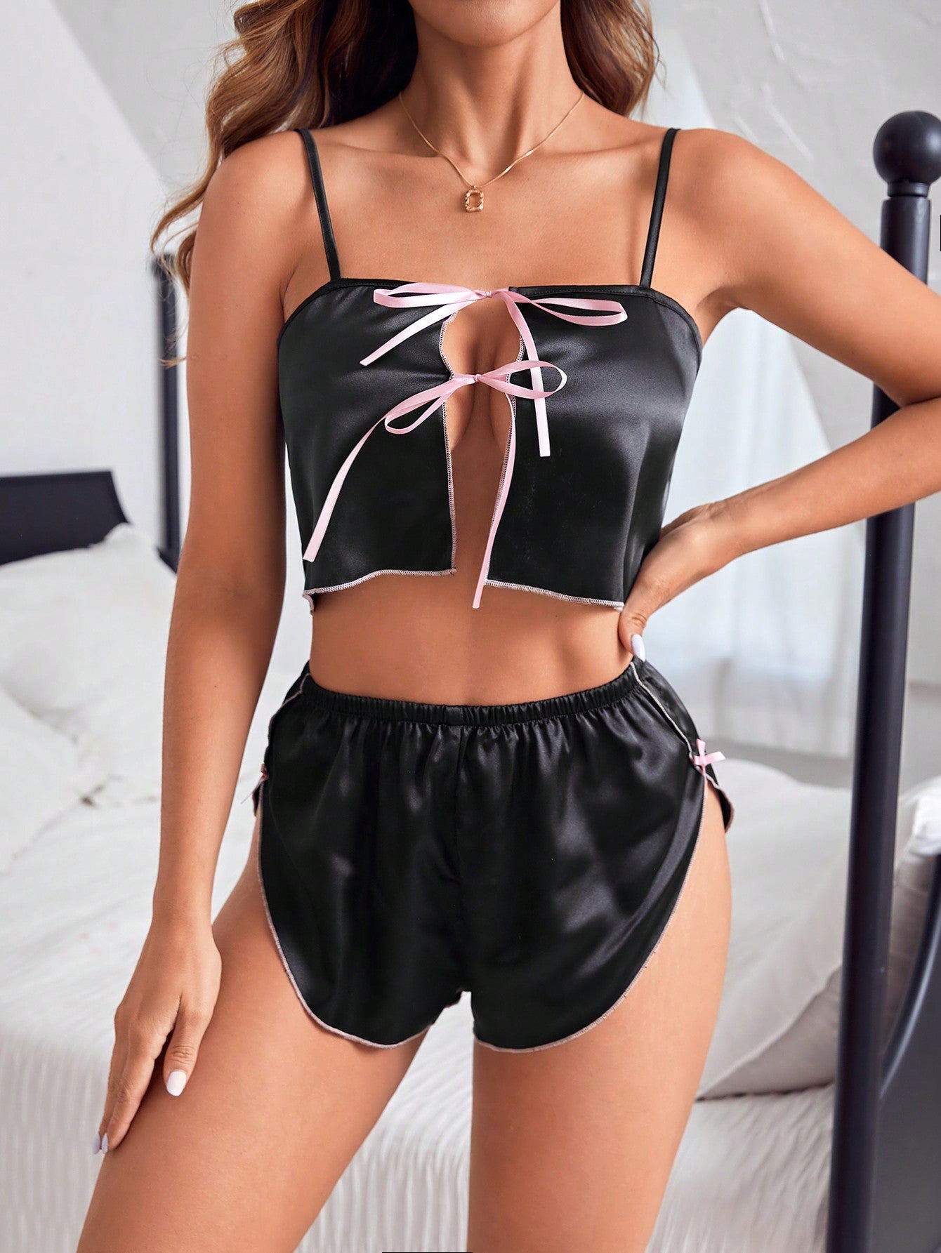 Knot Detail Satin Pajama Set