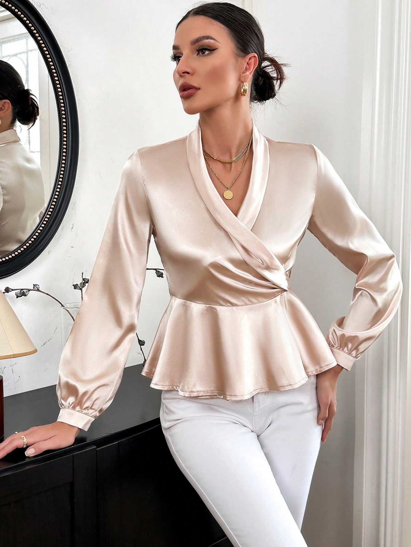 SHEIN Privé Solid Color Shawl Collar Wrap Back Tie-Up Shirt