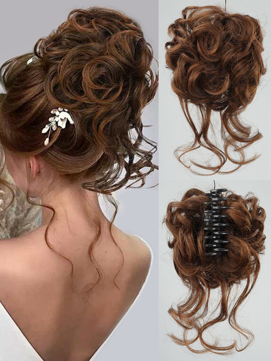 Synthetic Messy Curly Claw Hair Bun Chignon Hair Extensions Scrunchy Fake False Light Brown Hair with Tail for Women Hairpieces