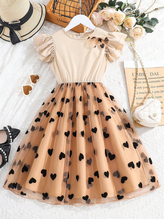 SHEIN Kids CHARMNG Tween Girl Heart Mesh Overlay Ruffle Trim Bow Front Dress