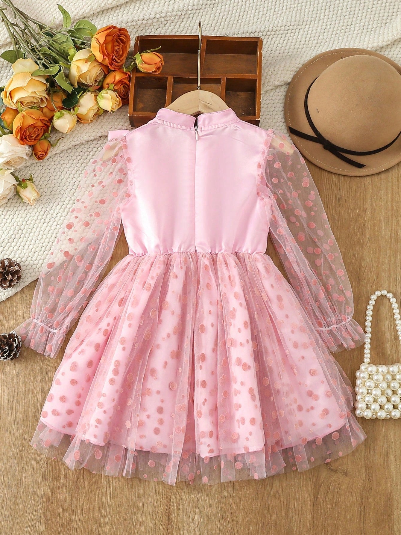 Single Piece Toddler Girls' Pink Vintage Bowknot Polka Dot Mesh Dress for Autumn