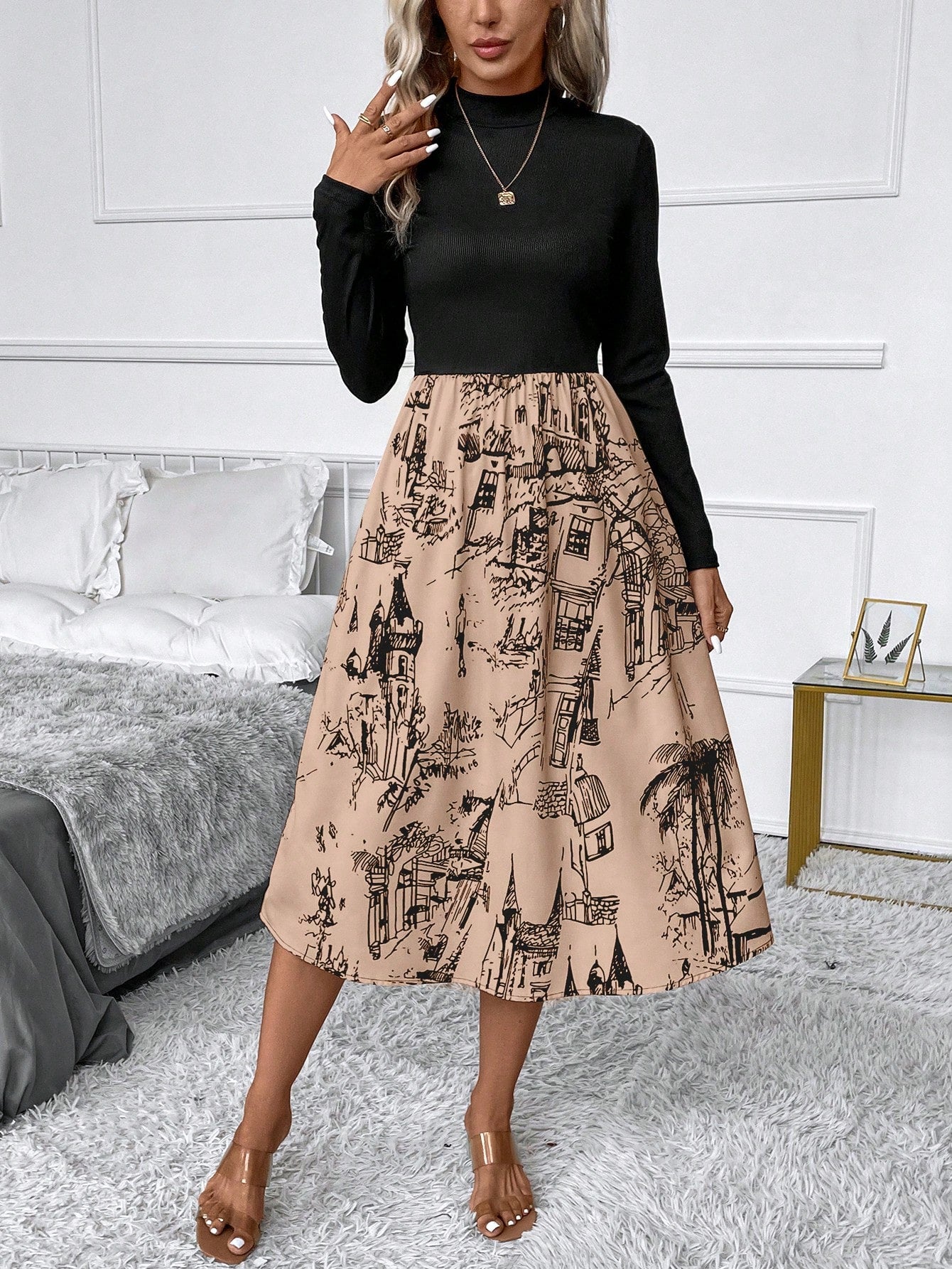 SHEIN Clasi Tree & House Print Mock Neck Dress without Belt