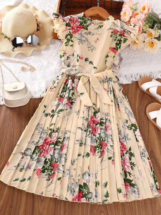 SHEIN Teen Girls Floral Print Butterfly Sleeve Pleated Hem Belted Dress