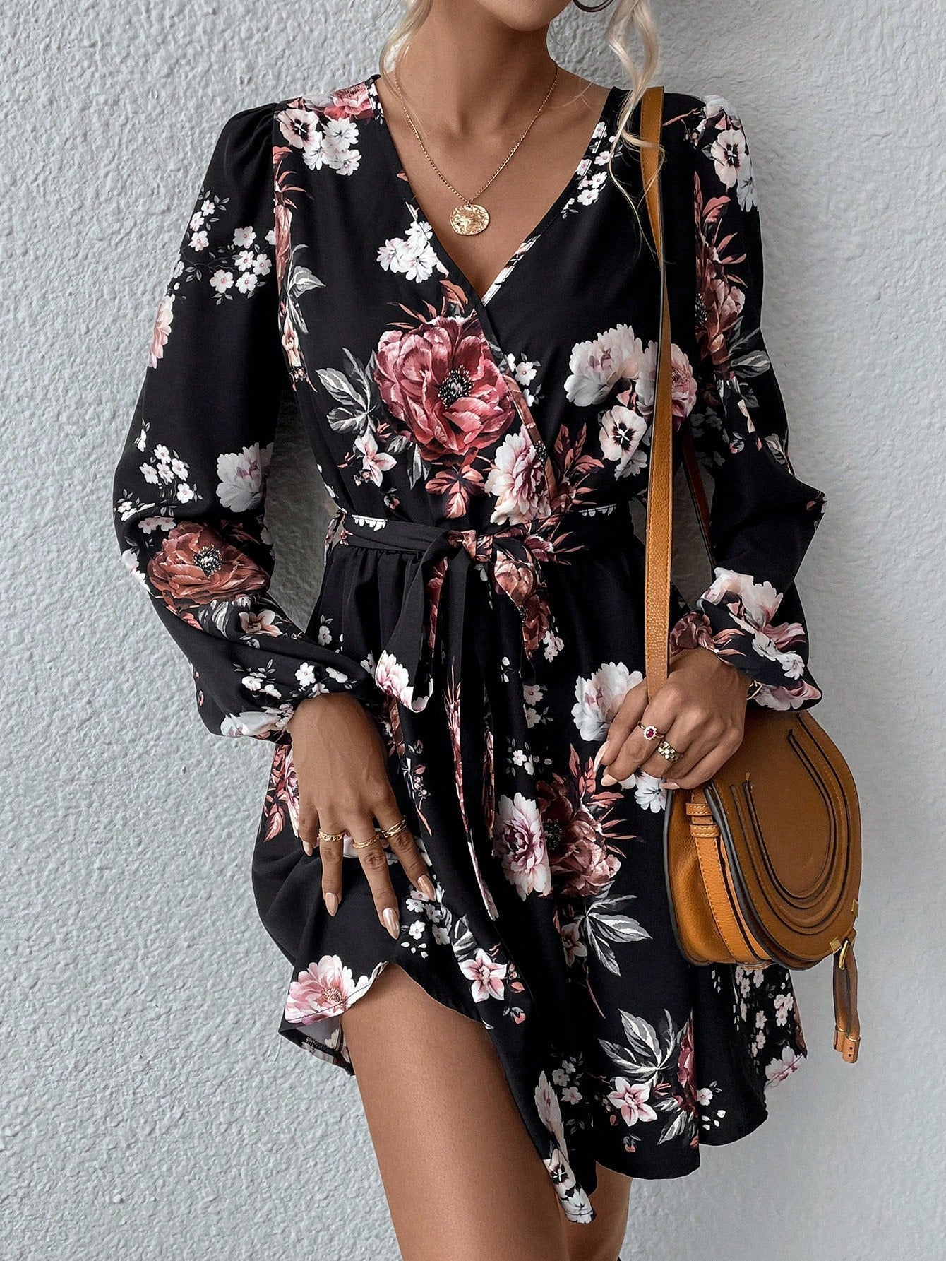 Floral Print Lantern Sleeve Belted Dress