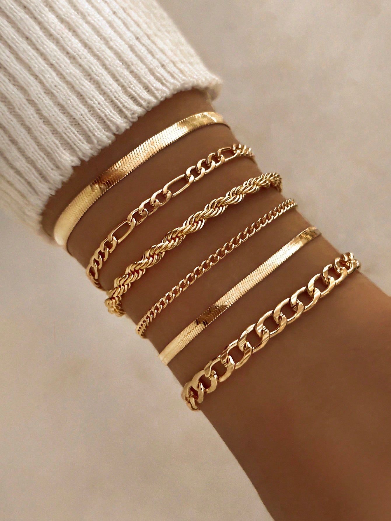 6Pcs Punk Style Simple Cold Tone Chain Fashion Bracelet Set Suitable for Women'S Daily Wear