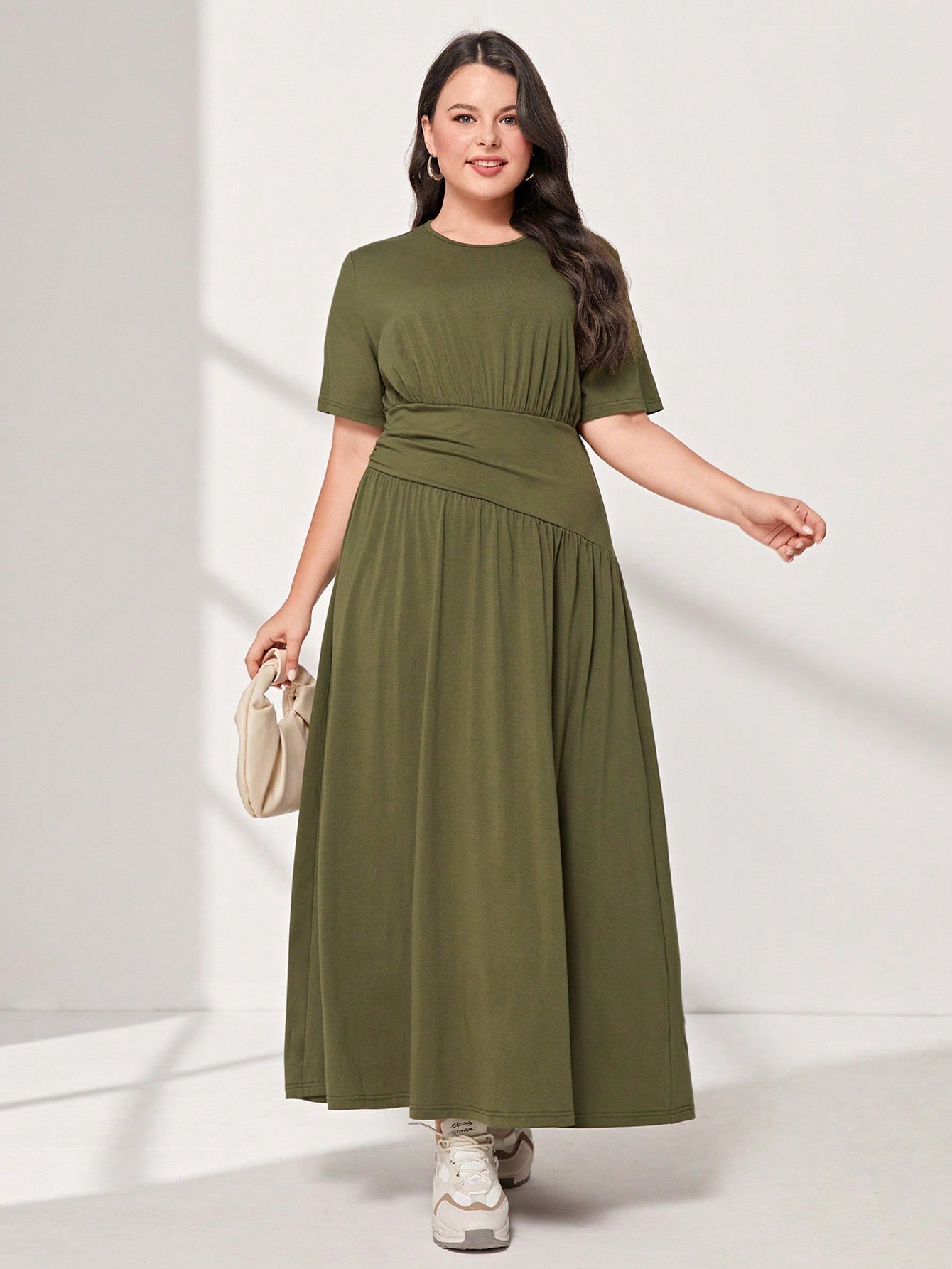 SHEIN Mulvari plus Cotton Solid Ruched Waist Dress