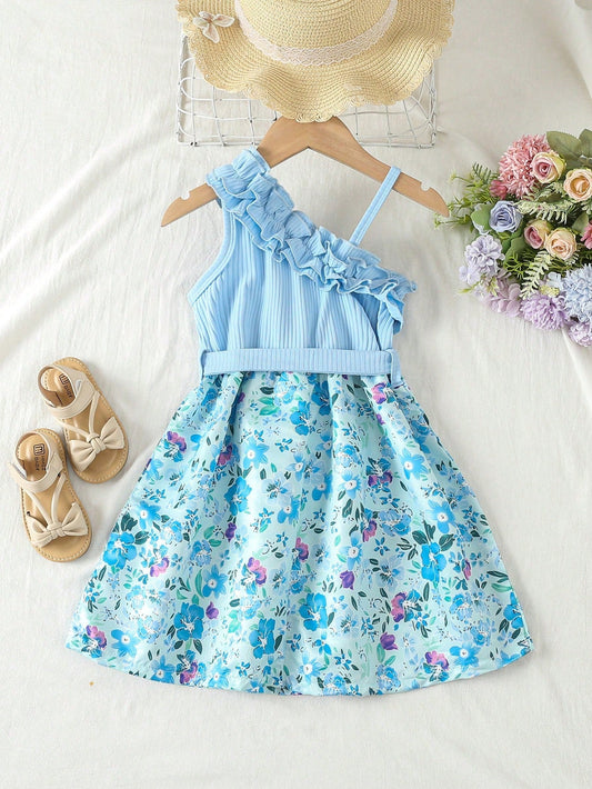 SHEIN Kids EVRYDAY Little Girls' Flower Print Irregular Neck Tie Waist Belted Dress with Ruffled Hem
