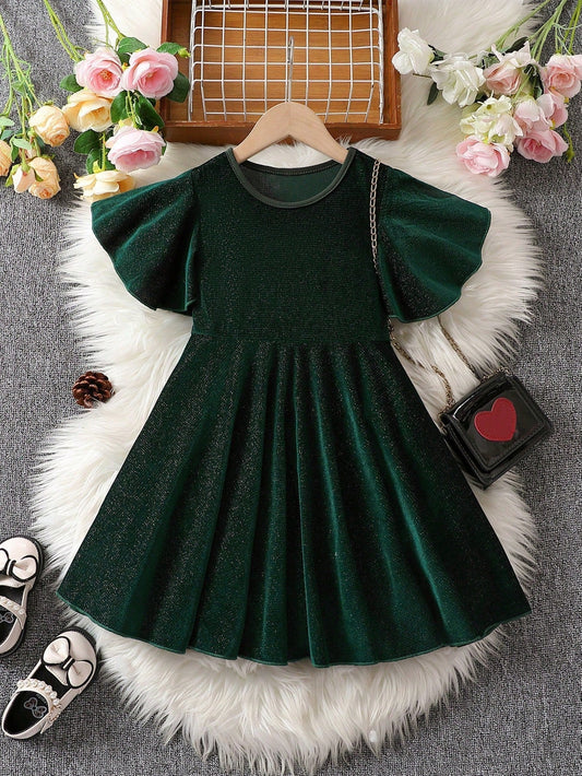 SHEIN Kids FANZEY Young Girl Glitter Butterfly Sleeve A-Line Dress for Christmas