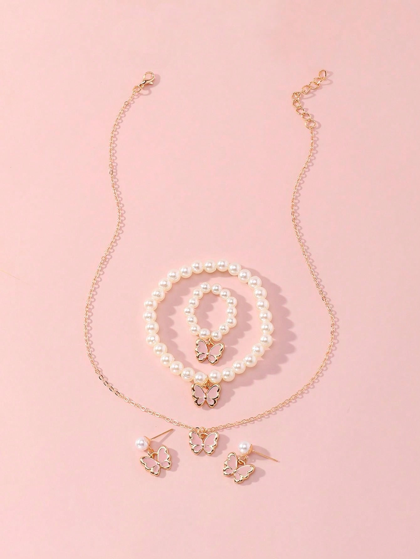 5Pcs/Set Butterfly & Pearl Decor Necklace, Bracelet, Earrings and Ring Set