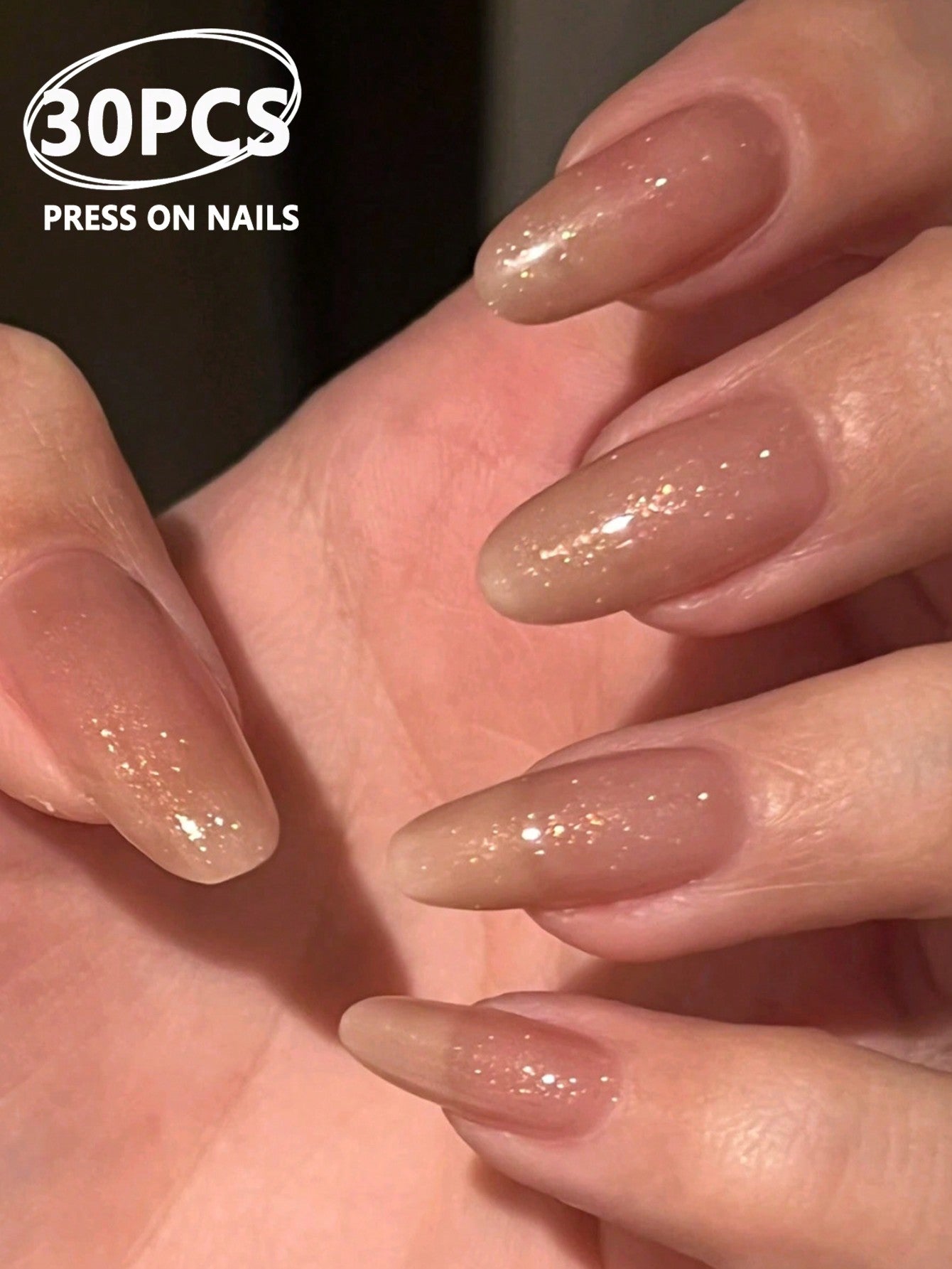 30Pcs Long Pointed Sweet Style Nude Tone Sparkly Glitter Powder False Nail Tips with 1Pc Nail Buffer and 1Pc Clear Jelly Gel