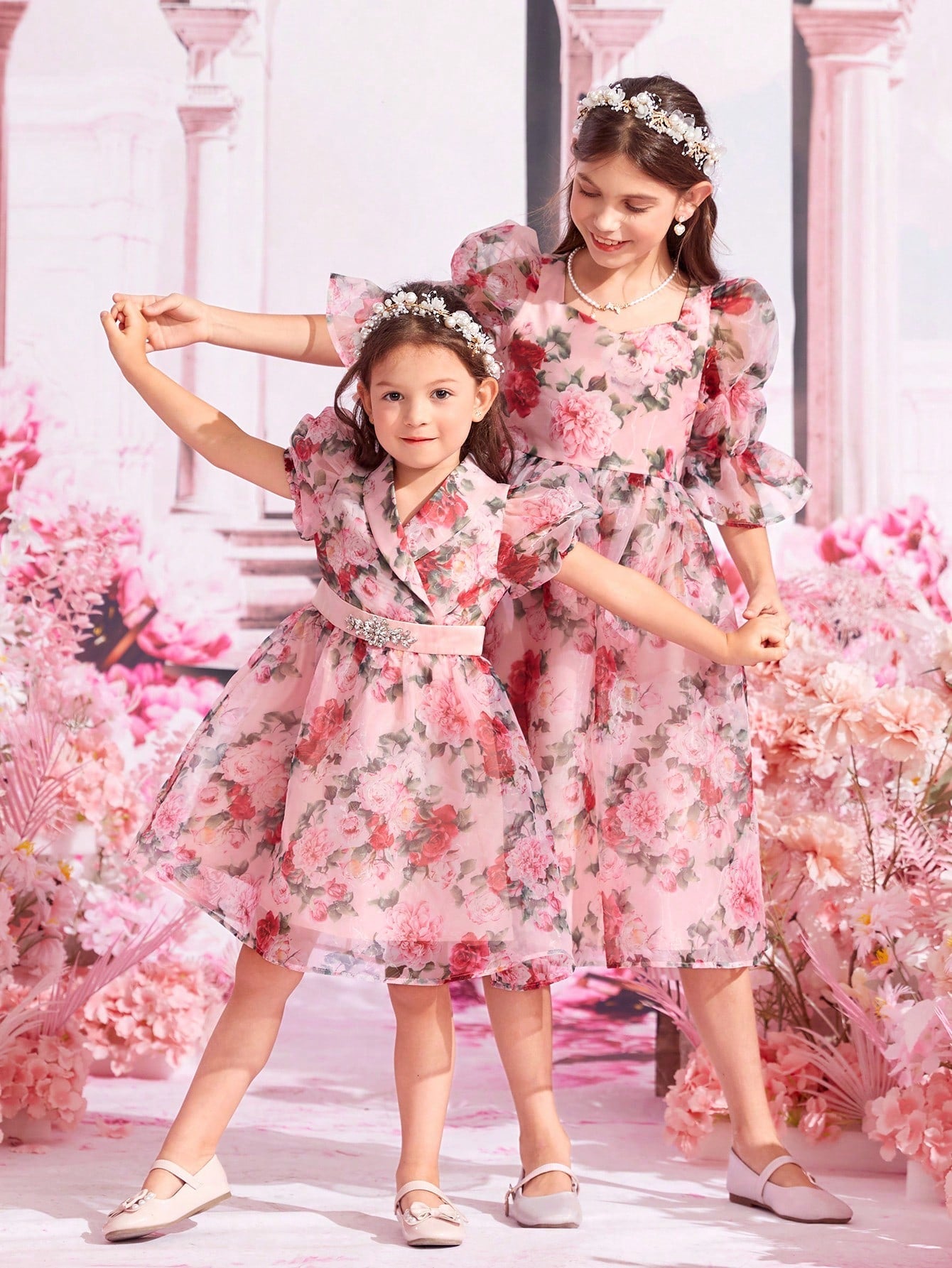 SHEIN Young Girls 1Pc Floral Print Puff Sleeve Party Dress