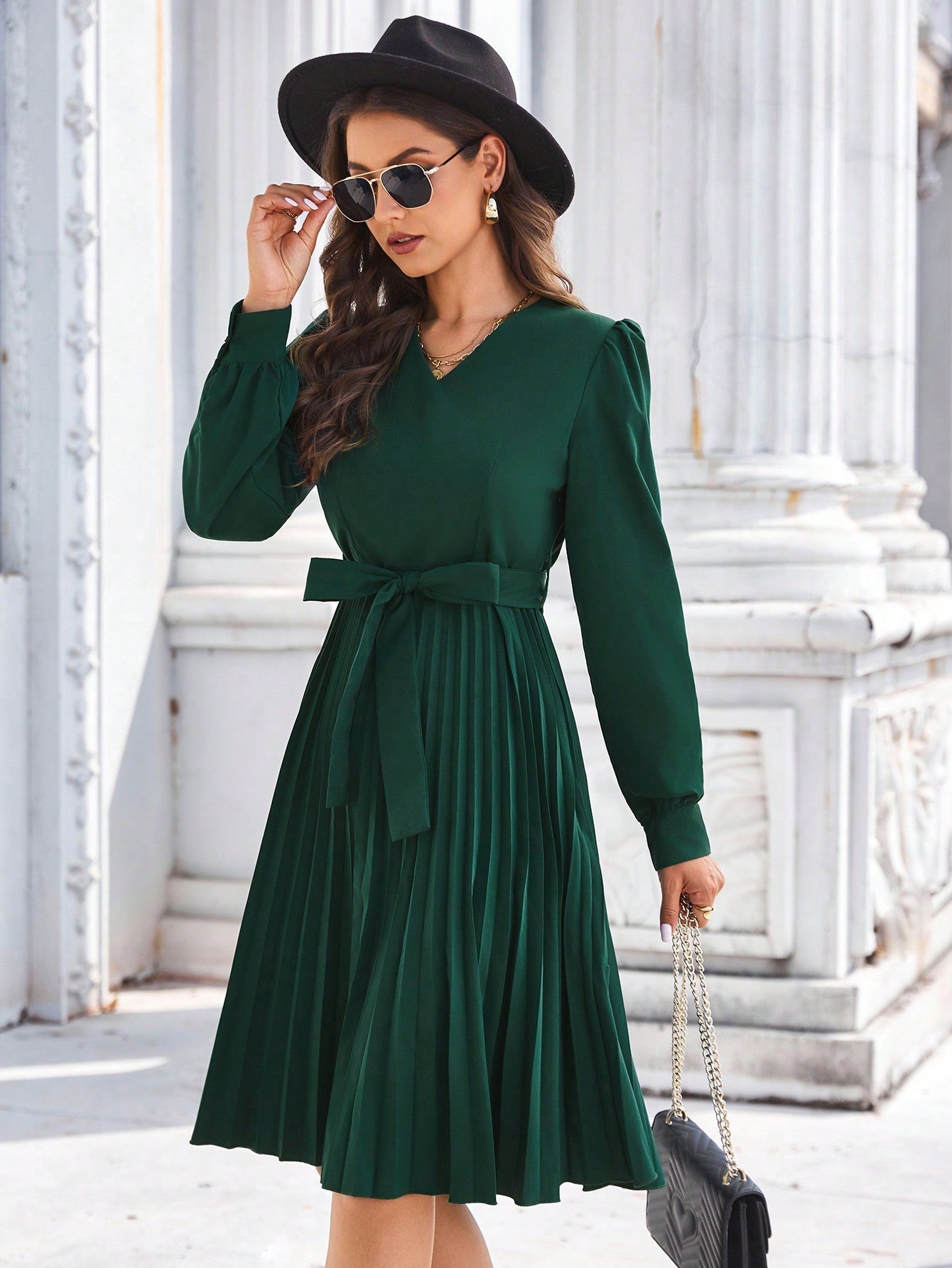 Puff Sleeve Self Belted Pleated Dress