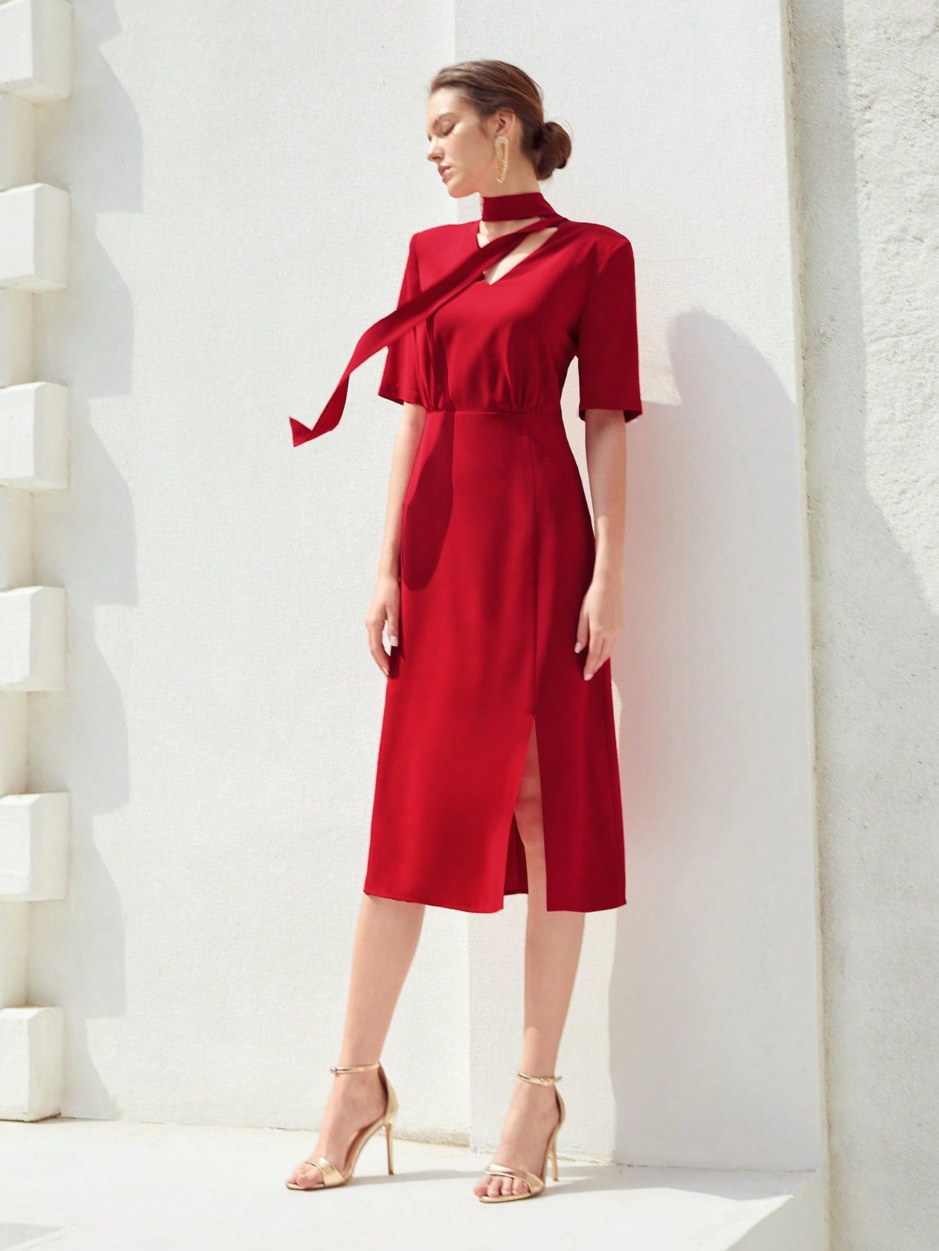 MOTF PREMIUM SCARF-NECK MIDI DRESS