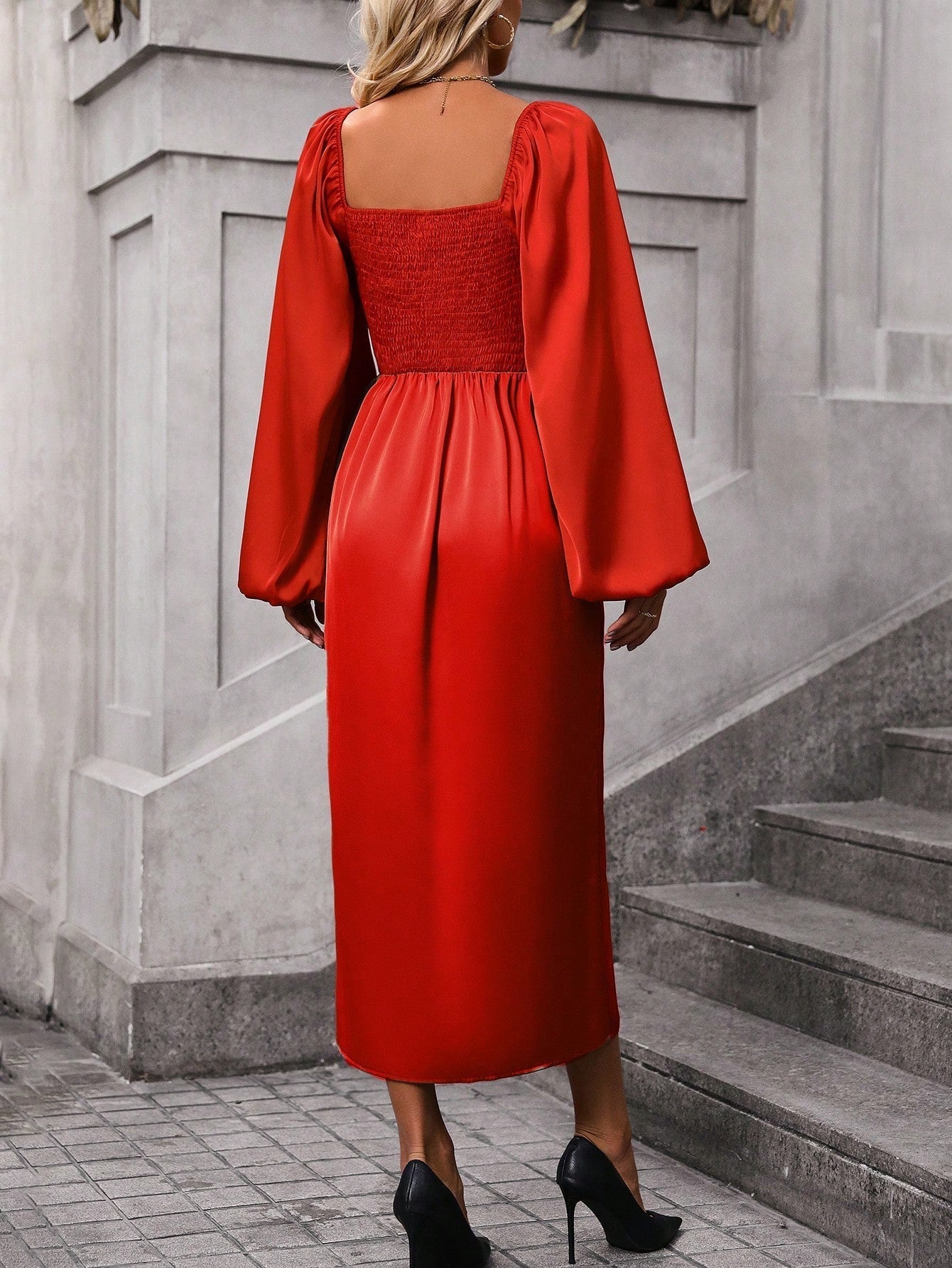Women'S Solid Color Lantern Sleeve Split Hem Dress