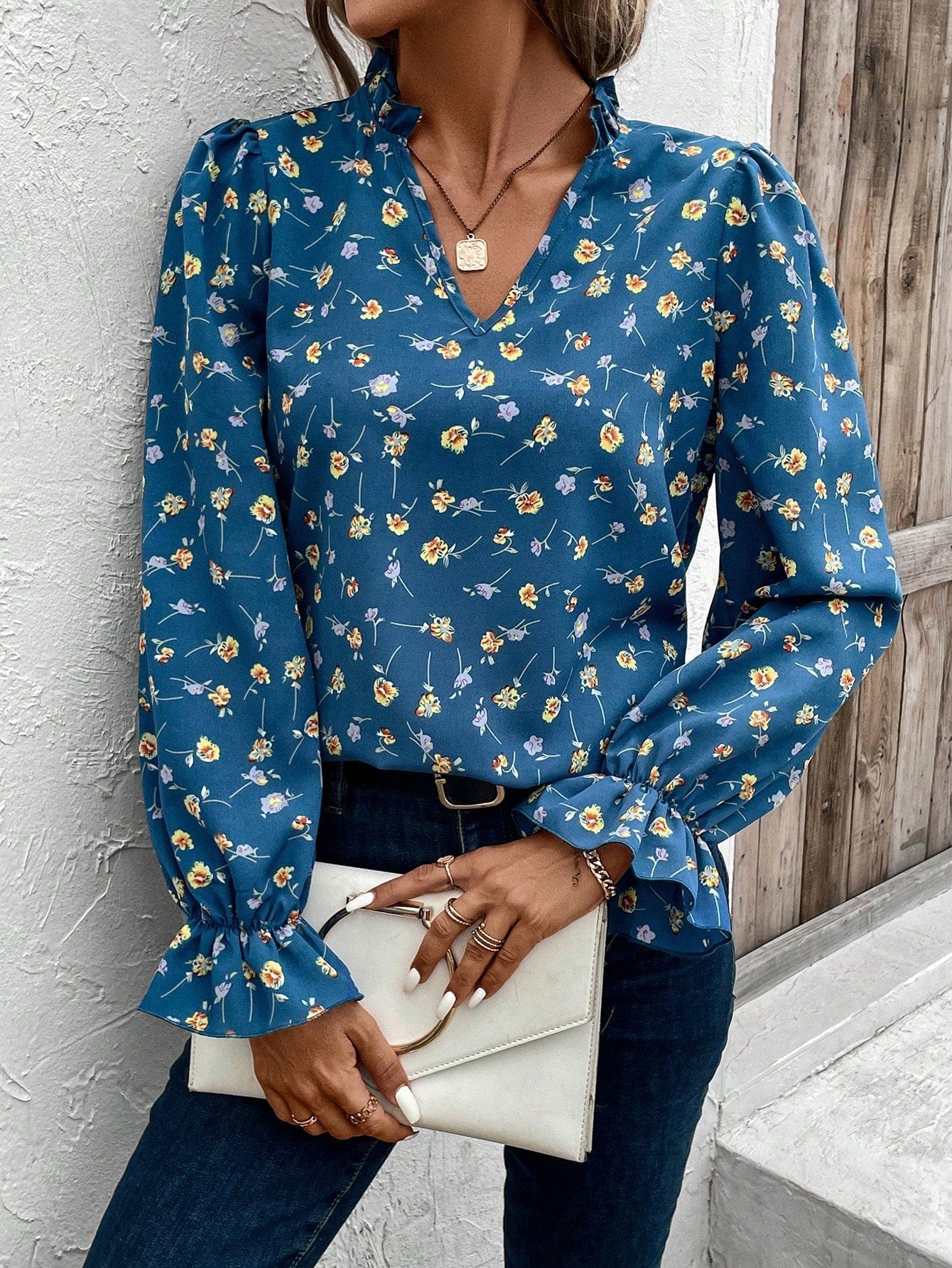 SHEIN Unity Ditsy Floral Print Flare Sleeve Blouse