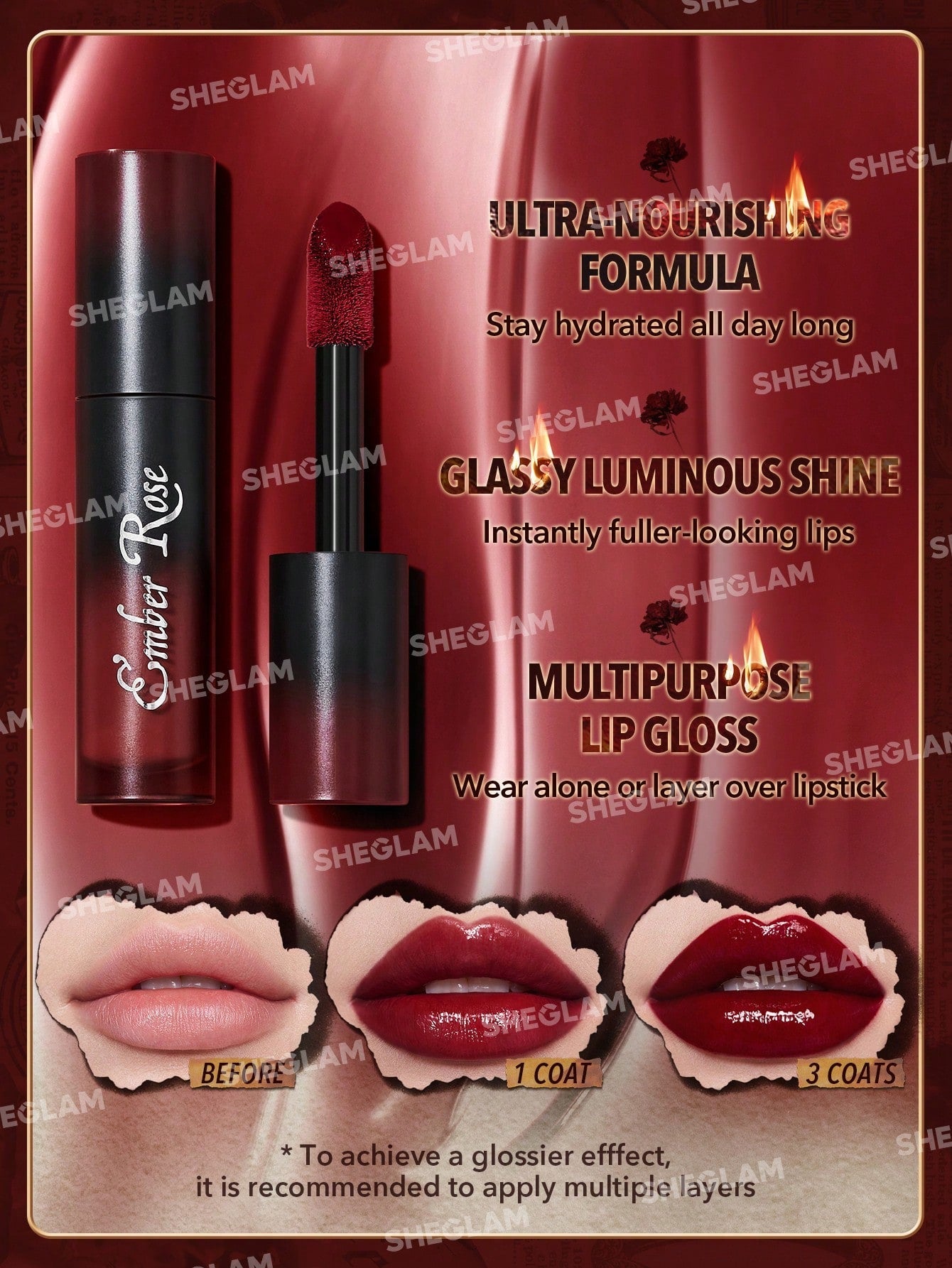 SHEGLAM Ember Rose Immortal Love Nourishing Lip Gloss-Everlasting Valentines Gift Red Liquid Lipstick High Shine Finish Ultra Moisturizing Lip Glaze Luminous Shine Non-Sticky Li Makeup