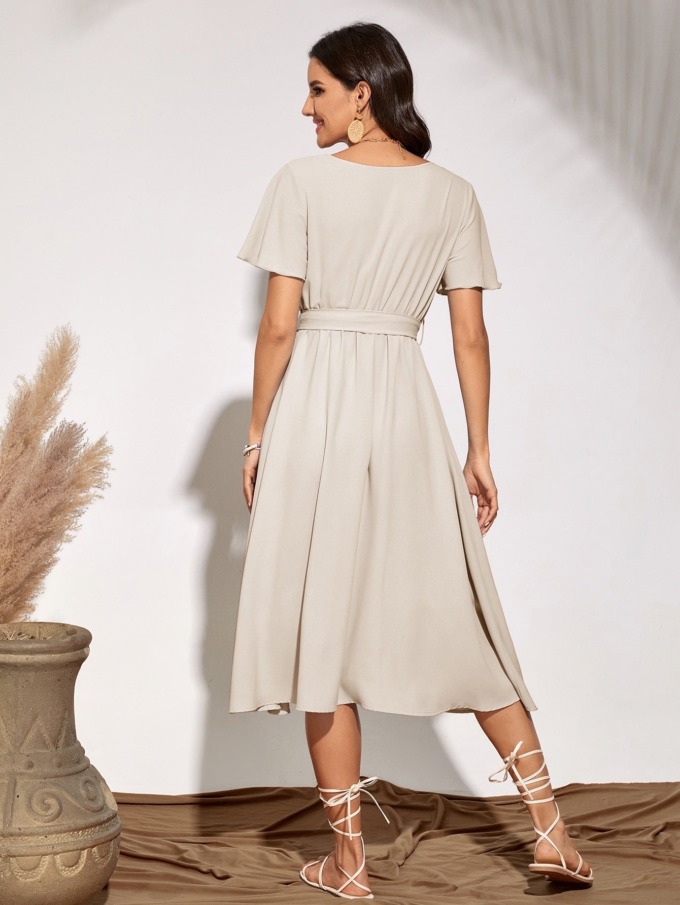 SHEIN Unity Flutter Sleeve Belted Dress