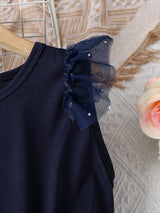SHEIN Kids CHARMNG Tween Girl Star & Moon Patched Contrast Mesh Ruffle Trim Dress