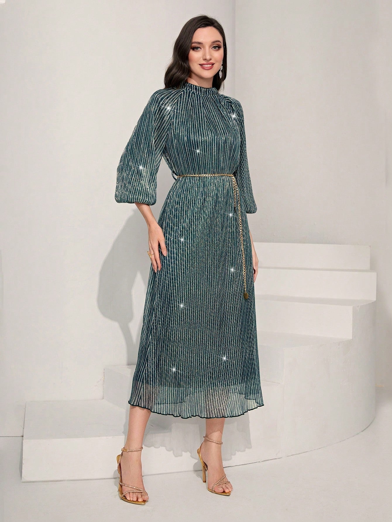 SHEIN Modely Mock Neck Lantern Sleeve Belted Dress