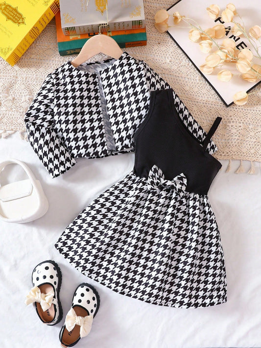 SHEIN Kids FANZEY Toddler Girls Houndstooth Print Bow Front Dress & Open Front Jacket