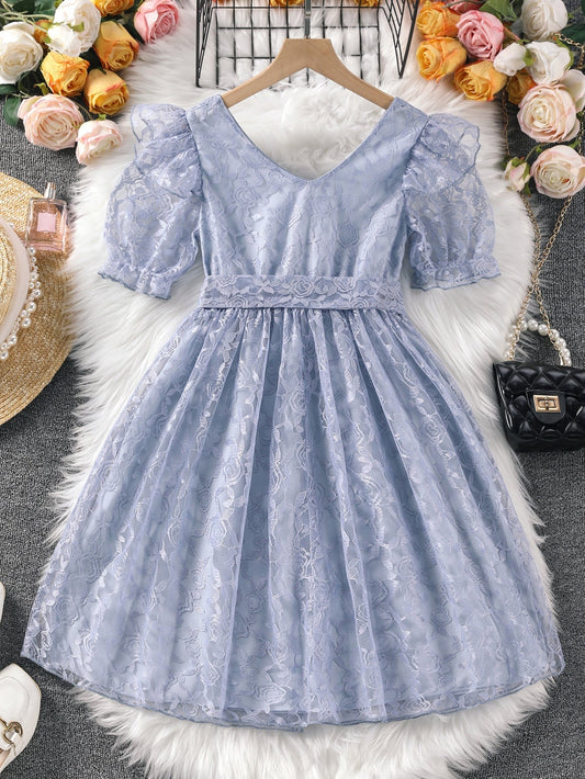 Girls Puff Sleeve Ruffle Trim Belted Lace Dress
