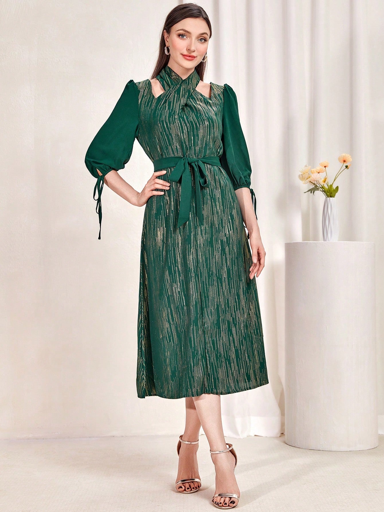 SHEIN Najma Cut Out Detail Knot Cuff Belted Dress