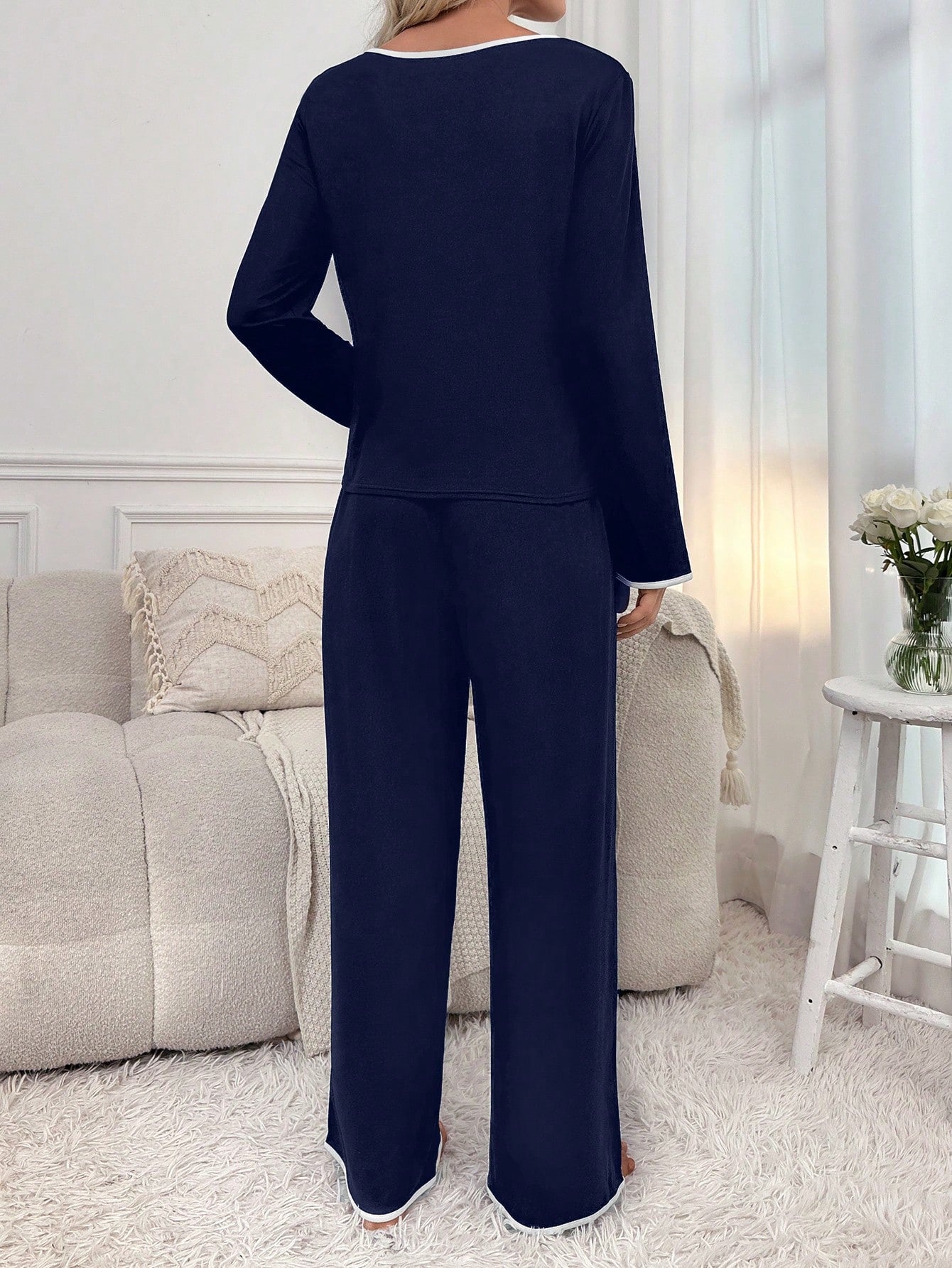 Contrast Binding Notched Neckline Knot Front Lounge Set