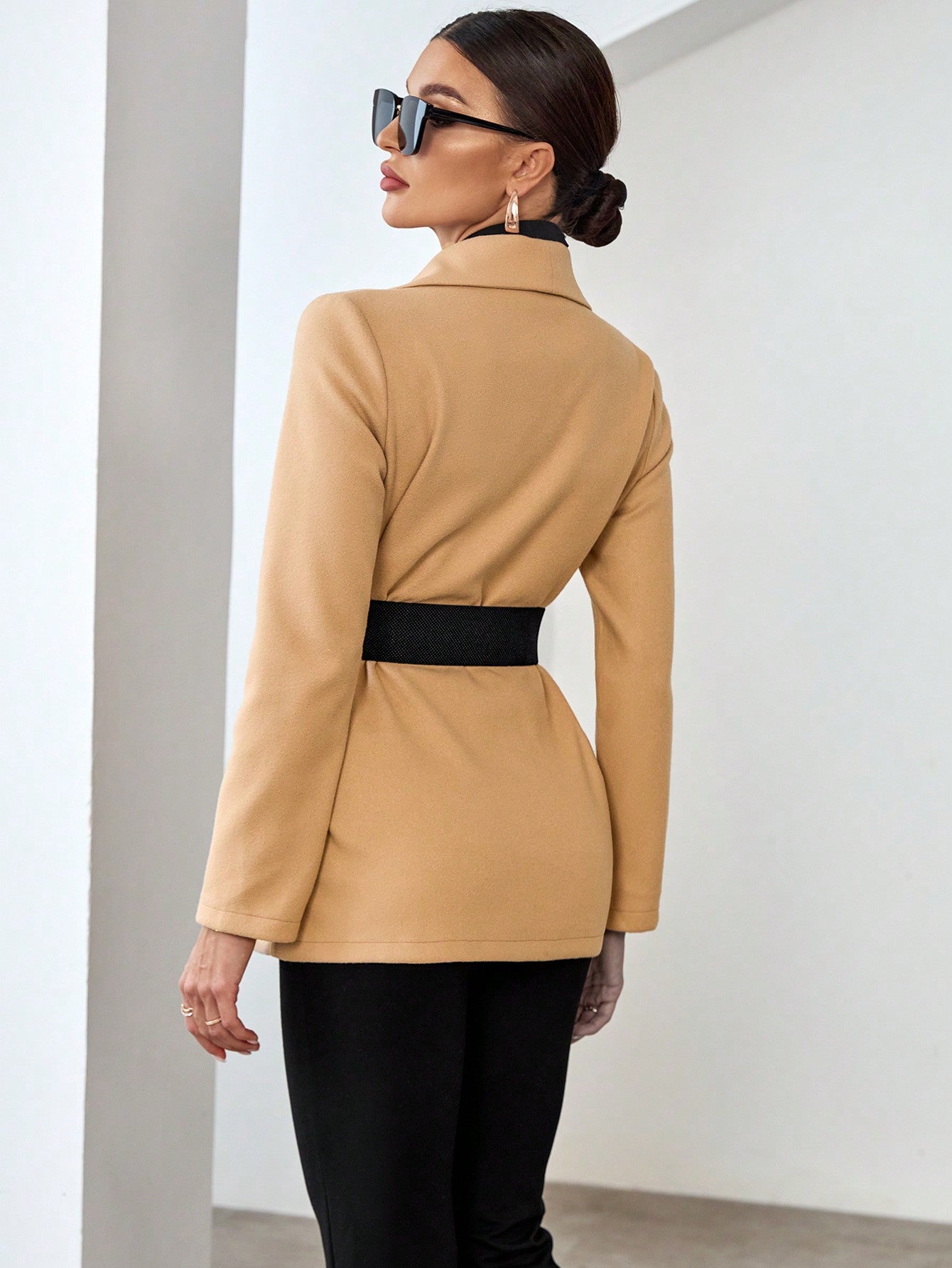 SHEIN Privé Shawl Collar Open Front Belted Overcoat