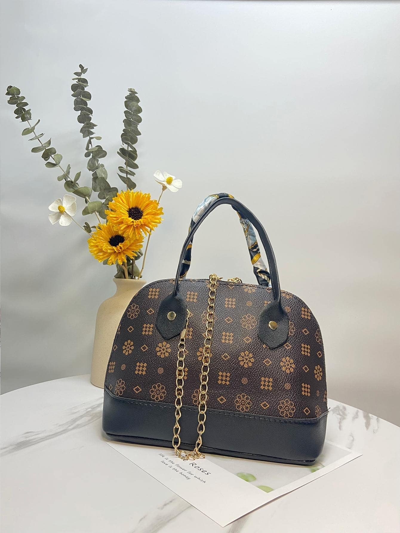 1Pc Mini Geometric Print Handbag with Coffee Scarf Handle and Chain Strap