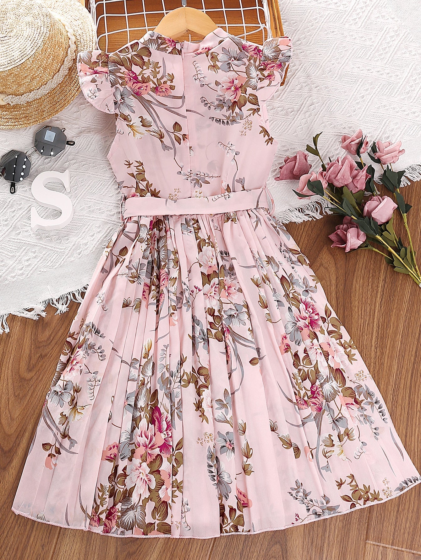 Teen Girls Floral Print Butterfly Sleeve Pleated Hem Belted Dress