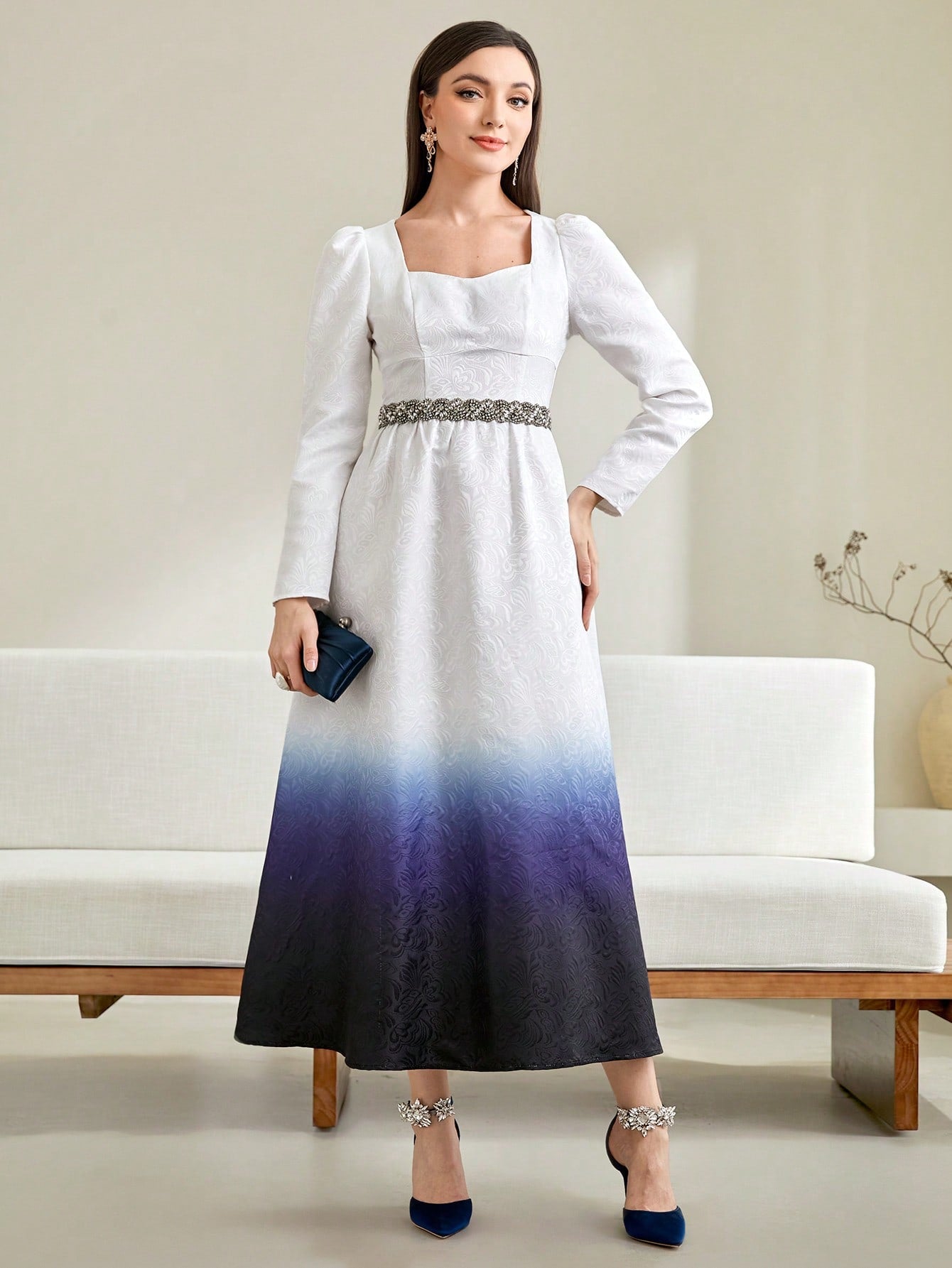 SHEIN Modely Ombre Print Sweetheart Neck Gigot Sleeve Dress without Belt