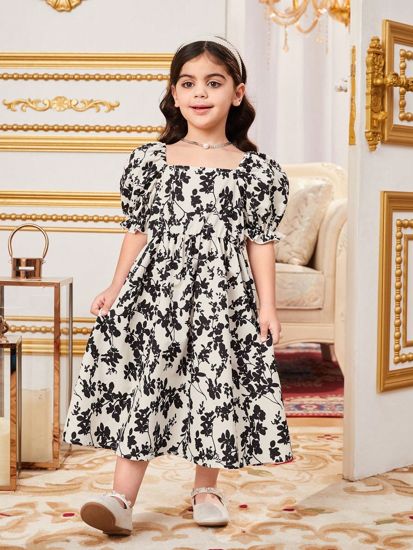 SHEIN Kids Nujoom Young Girl'S Casual Square Neck Back Bowknot Decor Color Block Midi Dress