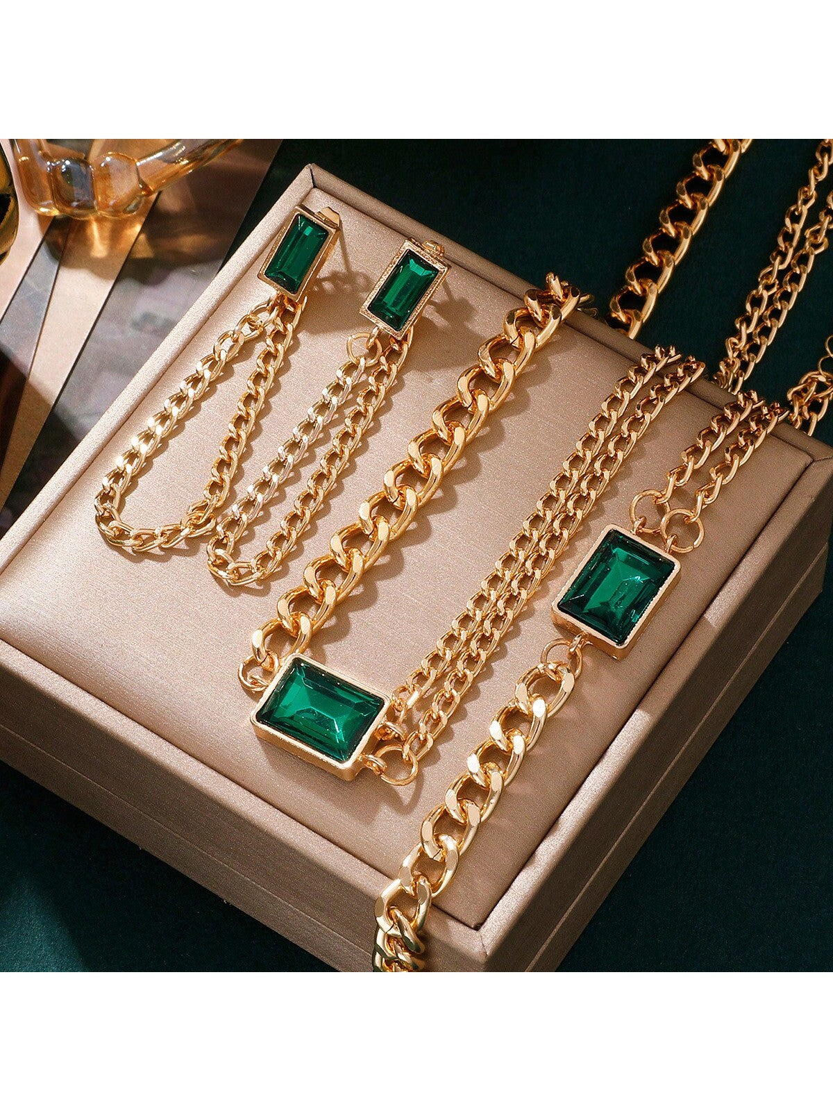 4Pcs/Set Women'S Exquisite Double Layered Necklace, Bracelet, Earrings Set