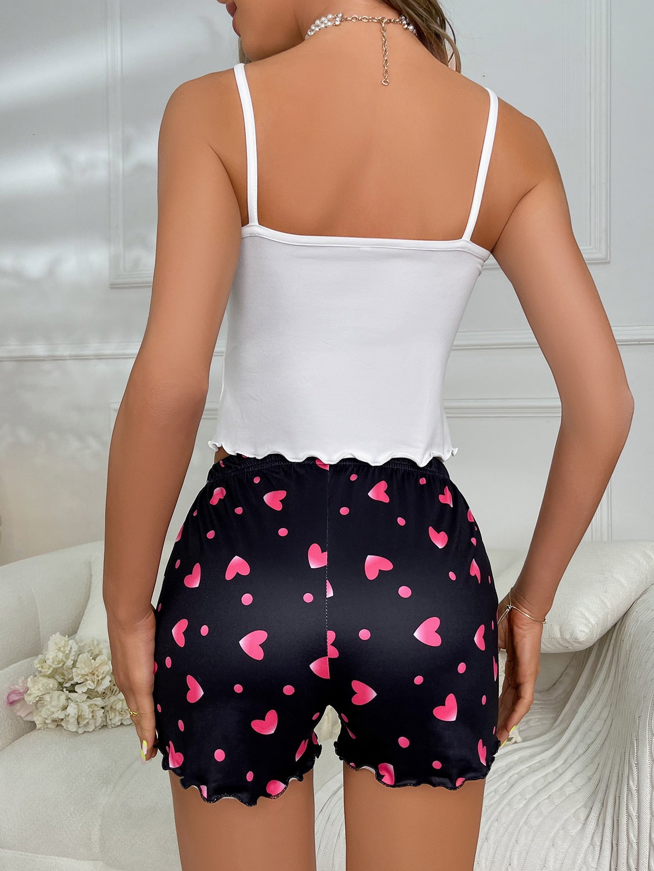 Heart & Letter Graphic Cami Top & Heart Print Bow Front Shorts PJ Set